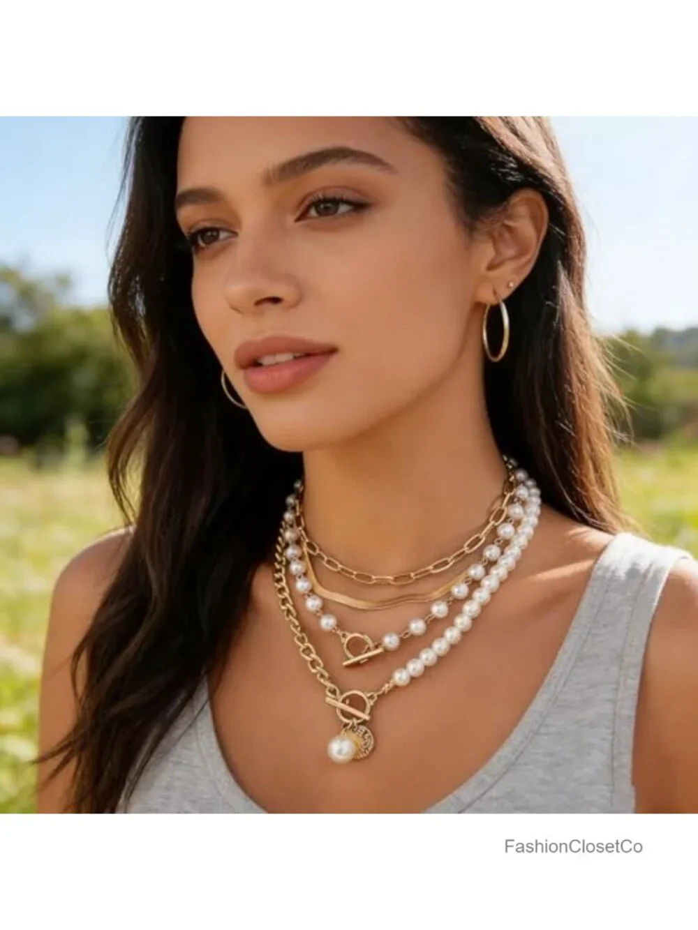 Layered Chunky Gold Necklace Set Paperclip Pearl Herringbone Women Jewelry Gift